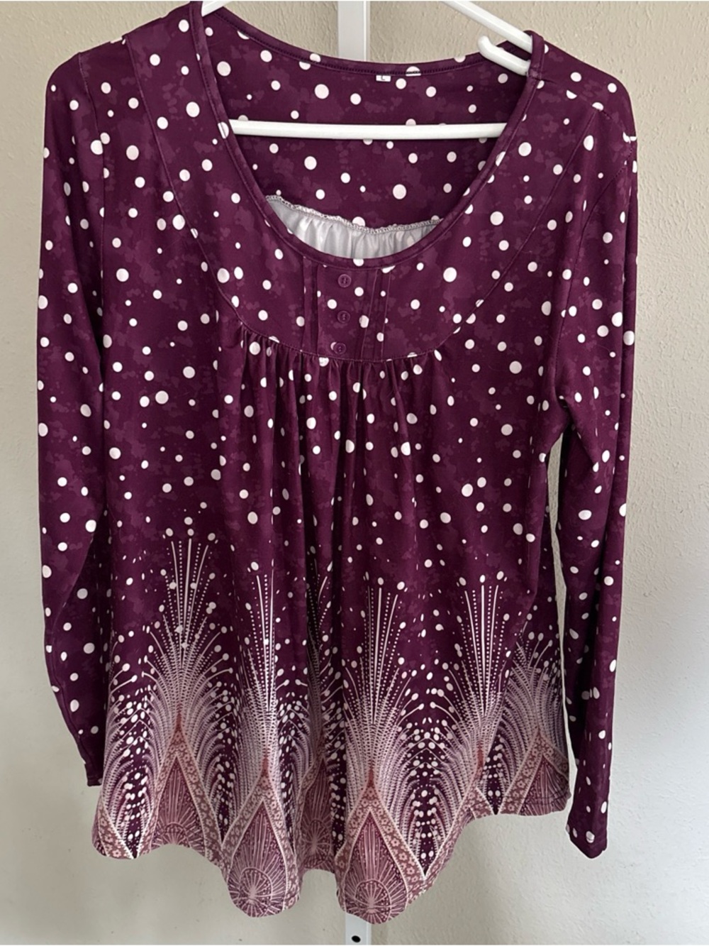 Women’s Long Sleeve Polka Dot Tunic Top in Plum with White Accents